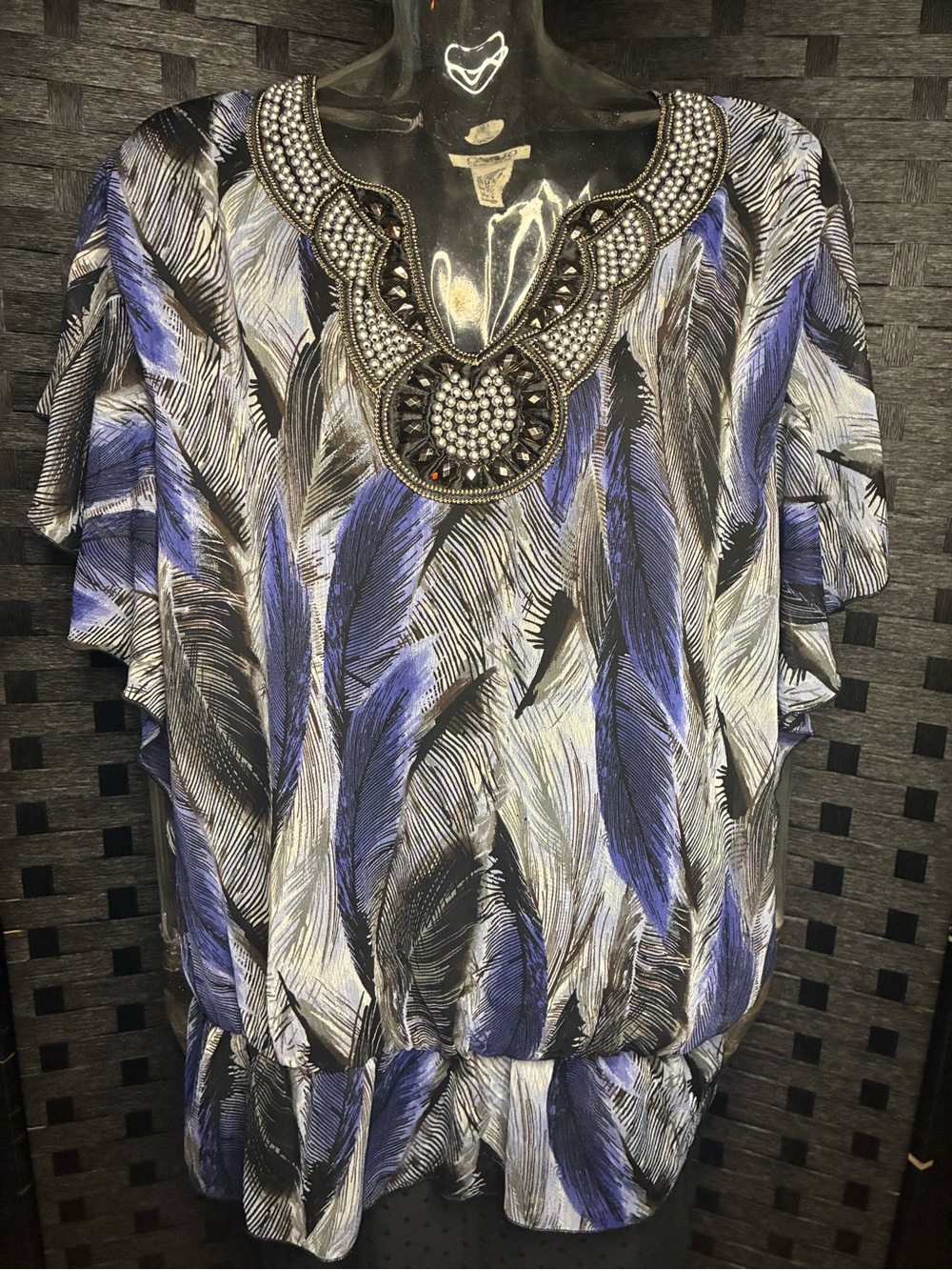 Cato Beaded-Neckline Feather Print Tunic in Blue and Black